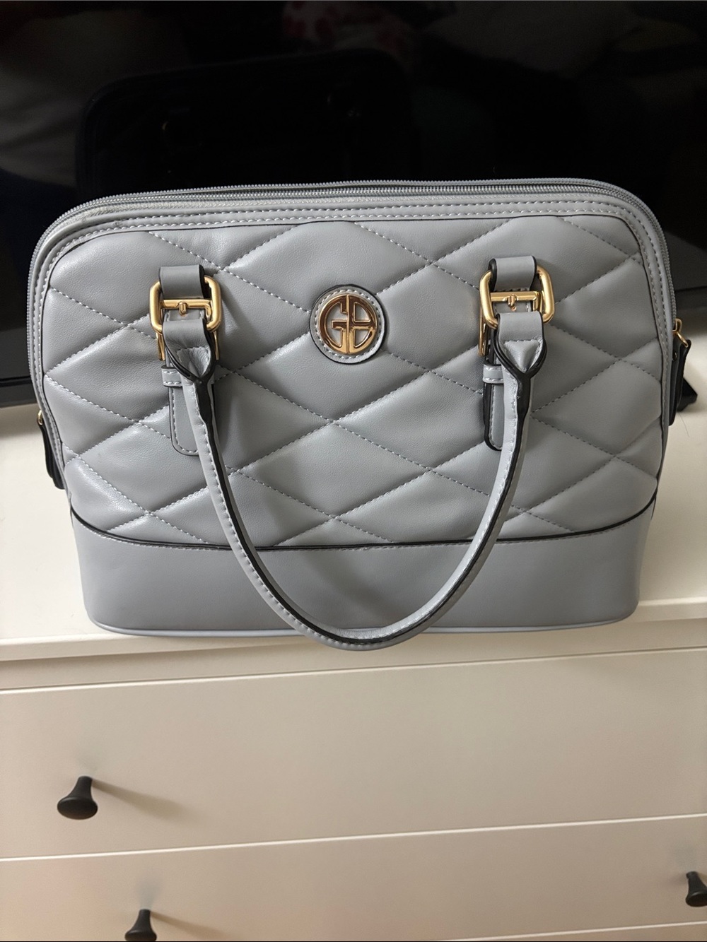 Giani Bernini Light Gray Quilted Satchel with Gold Logo Hardware